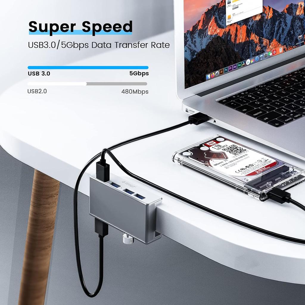 ORICO USB3.0 Hub Extra Power Supply Port 4 Port Clip-Type USB Hub Splitter Station for Laptop/Computer Desk-Upgraded Version