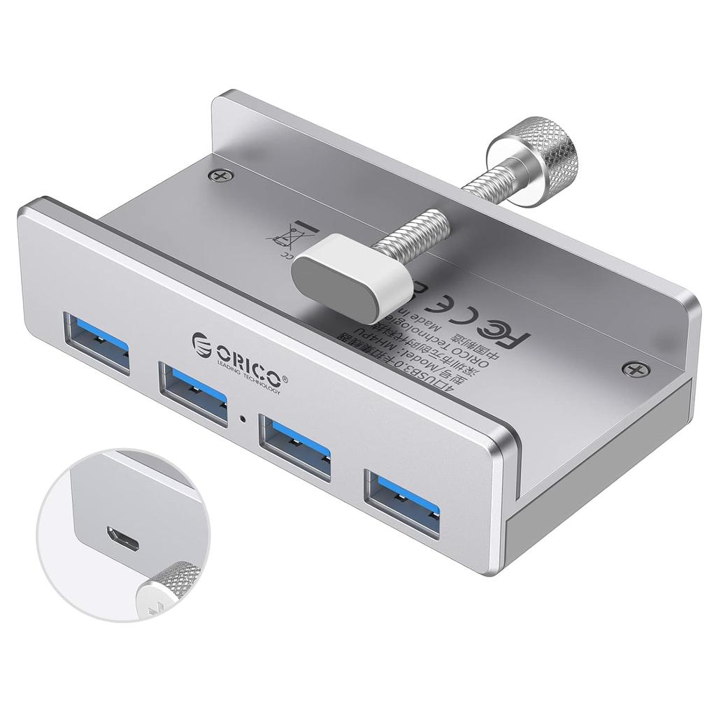 ORICO USB3.0 Hub Extra Power Supply Port 4 Port Clip-Type USB Hub Splitter Station for Laptop/Computer Desk-Upgraded Version