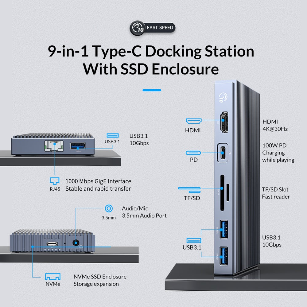 Orico CDH9N USB-C Multifunctional 9in1 Docking Station With SSD Enclosure