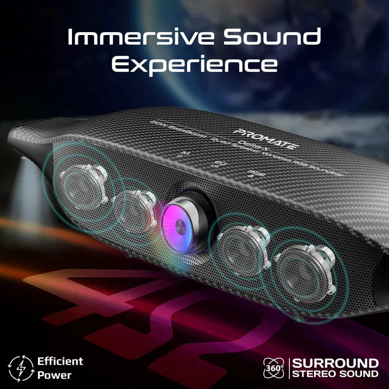 PROMATE Delta-X 20W Bass Boost Quad Speaker Wireless RGB Soundbar - Up to 20M / 6400mAh / Black