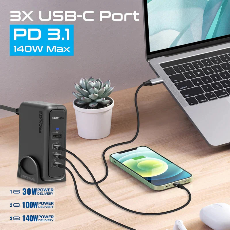 PROMATE GaNPort-140W Power Delivery With Charging Station - 140W / USB-C / USB-A / Black
