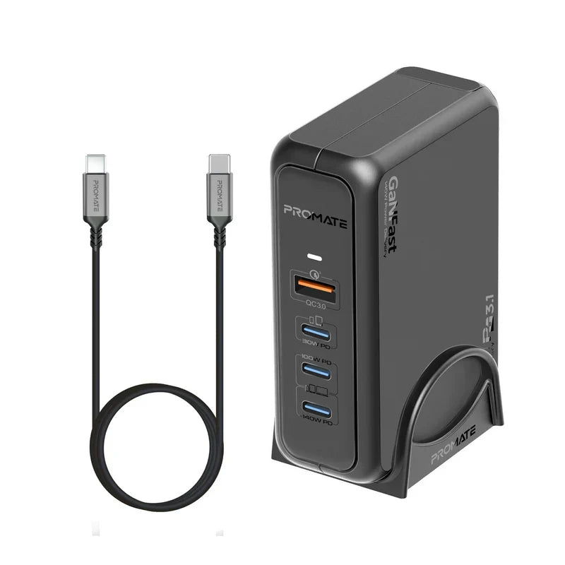 PROMATE GaNPort-140W Power Delivery With Charging Station - 140W / USB-C / USB-A / Black