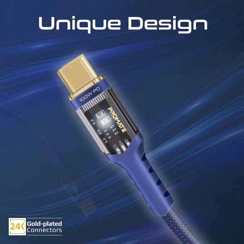 PROMATE LucidLine-CC120 High Tensile Power Delivery Charge Cable - 1.2 Meter / 480Mbps / USB-C / Navy