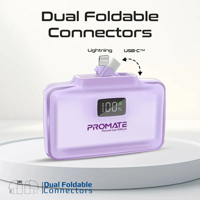 PROMATE PowerUp-10Duo Ultra-Compact Fast Charging Power Bank - 20W / USB-C / Lightning / Purple