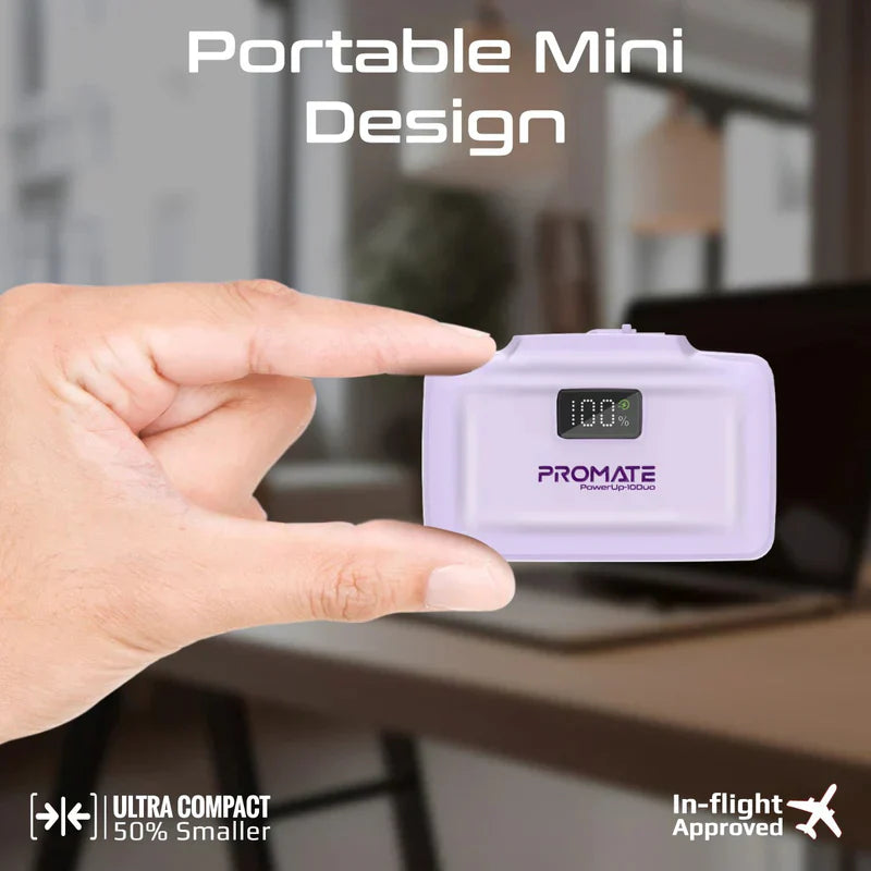 PROMATE PowerUp-10Duo Ultra-Compact Fast Charging Power Bank - 20W / USB-C / Lightning / Purple