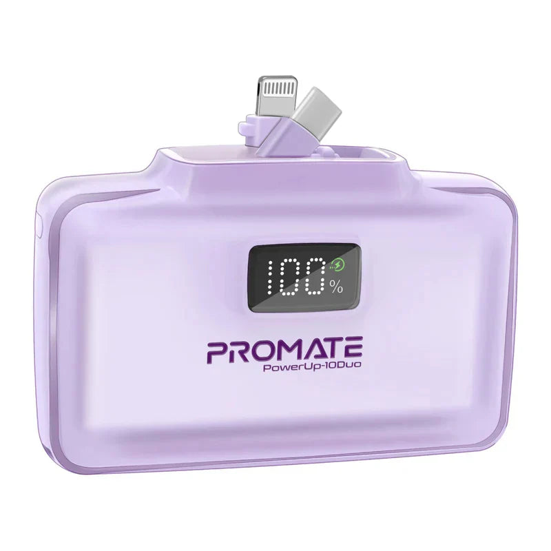 PROMATE PowerUp-10Duo Ultra-Compact Fast Charging Power Bank - 20W / USB-C / Lightning / Purple