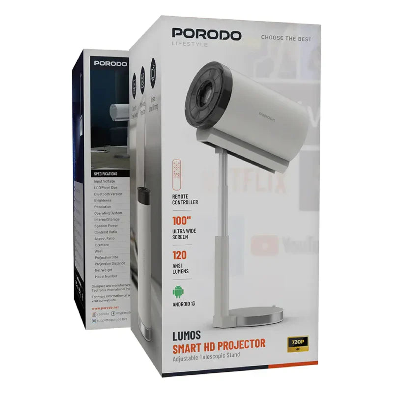 Porodo Bordeaux Lifestyle Lumos Smart HD Projector - Bluetooth / White