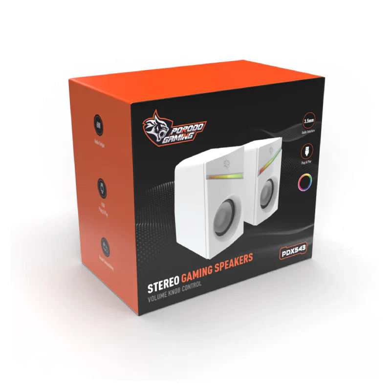 Porodo Gaming Gaming Stereo Wired Speakers Volume Knob Control - 1.1 Meter / 3.5mm Aux / USB - White