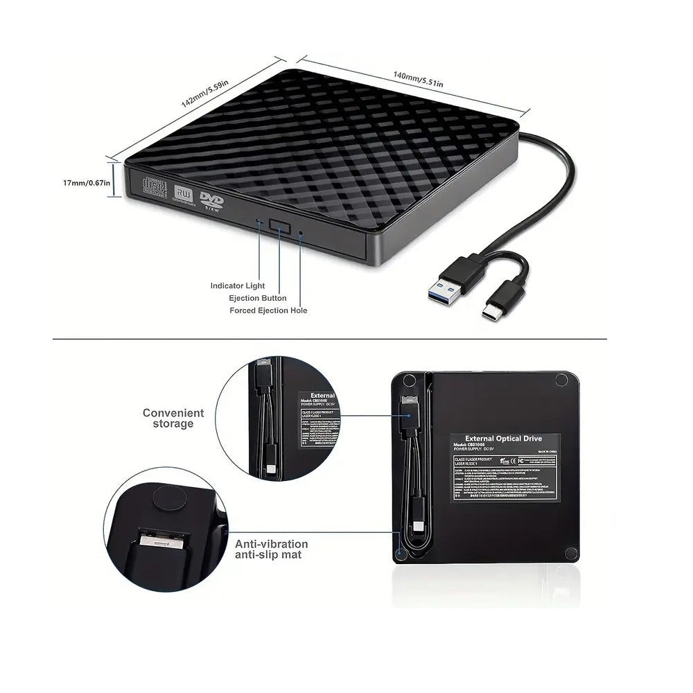 Portable DVD Writer Dual Port USB-A 3.0 / USB-C External Optical Drive