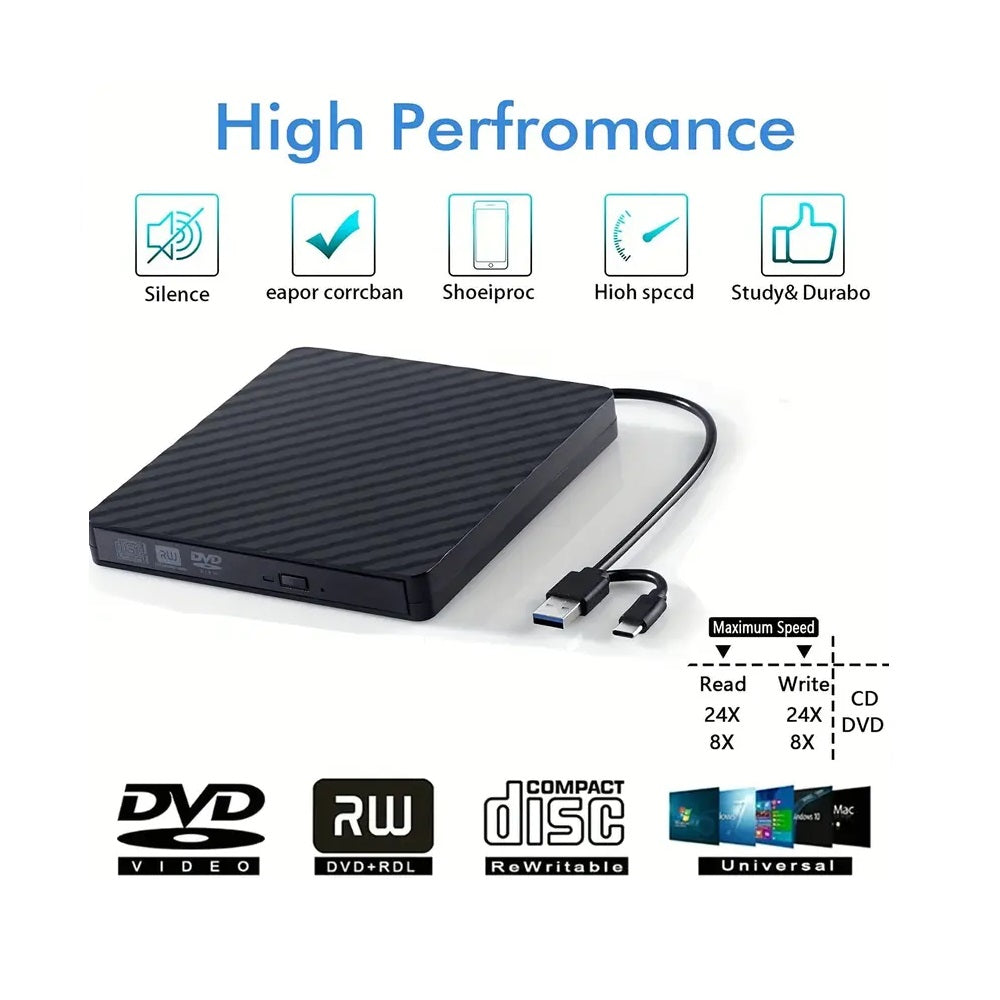 Portable DVD Writer Dual Port USB-A 3.0 / USB-C External Optical Drive