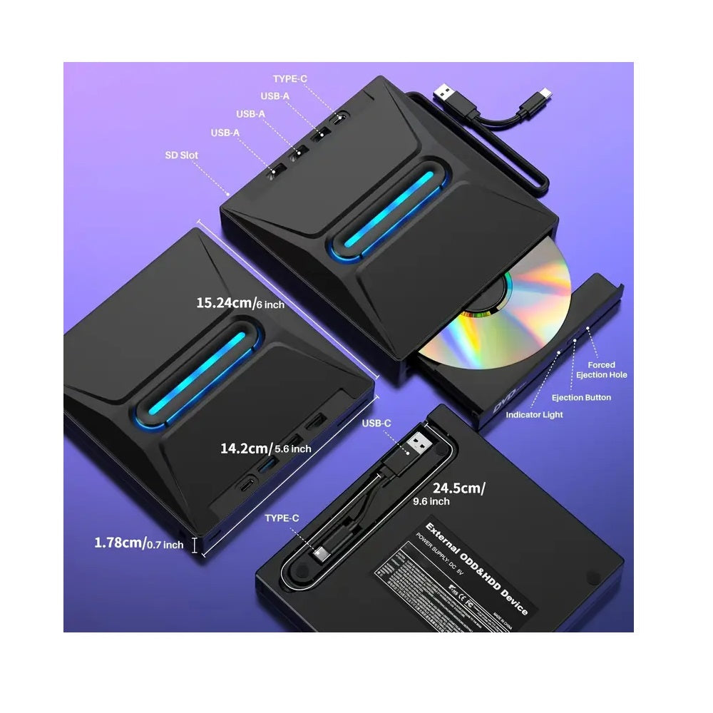 Portable Optical Drive External DVD Writer Dual Port USB-A 3.0 / USB-C