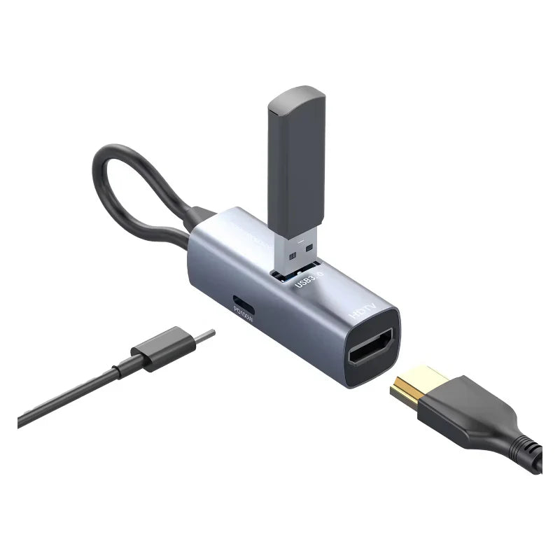 Powerology Aluminum Mini USB-C Hub - 4K HDMI / USB 3.0 / USB-C