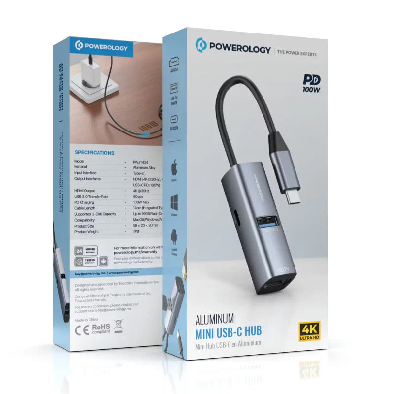 Powerology Aluminum Mini USB-C Hub - 4K HDMI / USB 3.0 / USB-C