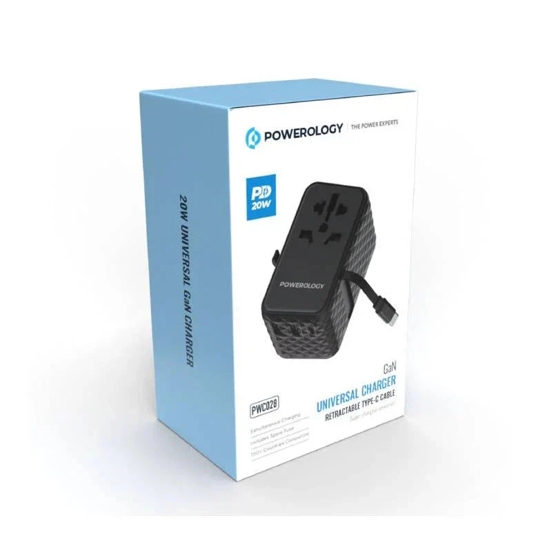 Powerology GaN Universal Charger Retractable Type-C Cable - 20W / Black
