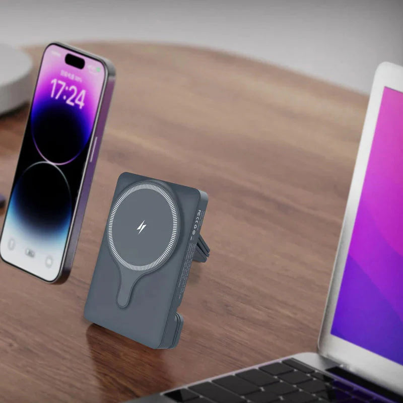 Powerology Power Bank With Magnetic Wireless Charger Car Mount - 5000mAh / USB / Type-C - Gray