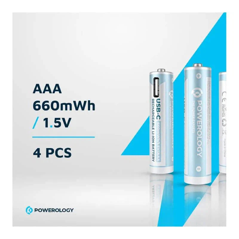 Powerology Type-C Rechargeable AA Battery - 1460mAh / Pack Of 4