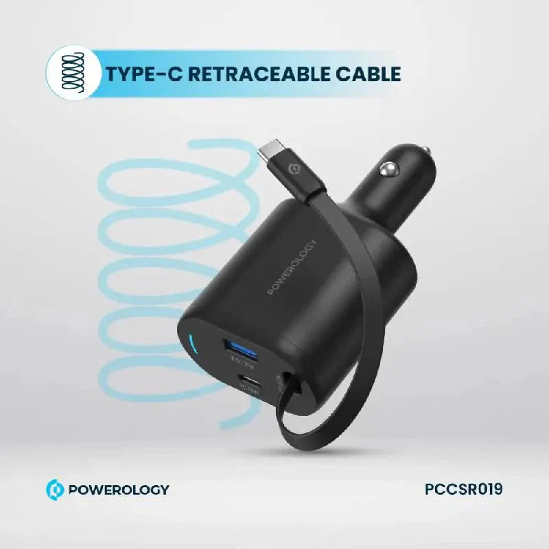 Powerology Type-C Retractable Car Charger - 103W / Black