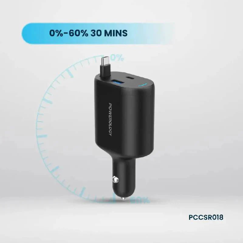 Powerology Type-C Retractable Car Charger - 70W / Black