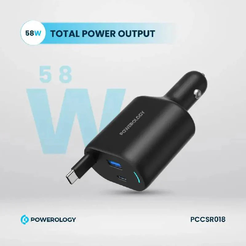 Powerology Type-C Retractable Car Charger - 70W / Black