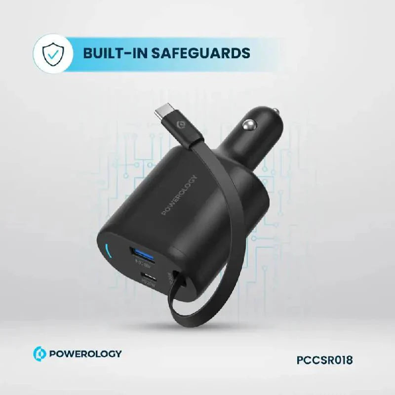 Powerology Type-C Retractable Car Charger - 70W / Black