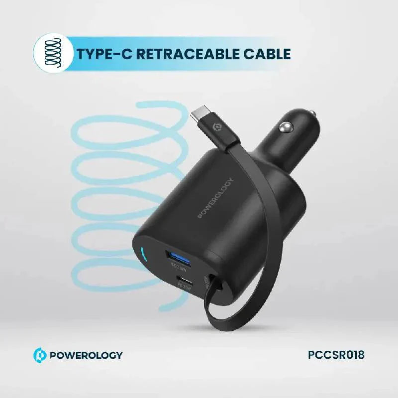 Powerology Type-C Retractable Car Charger - 70W / Black