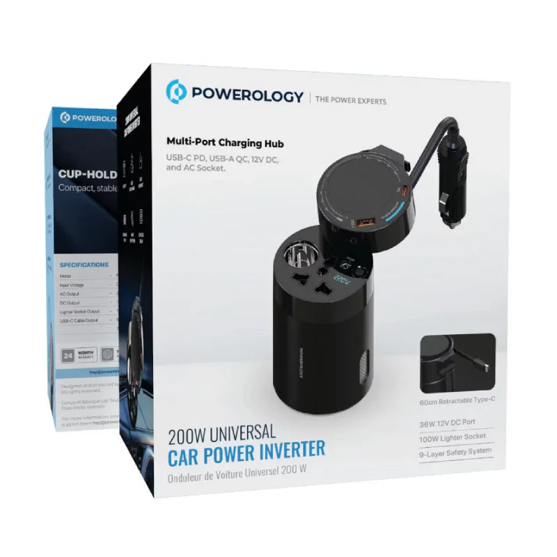 Powerology Universal Car Power Inverter - 200W / USB-C / USB-A / Black