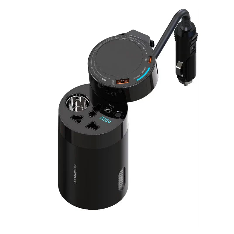 Powerology Universal Car Power Inverter - 200W / USB-C / USB-A / Black