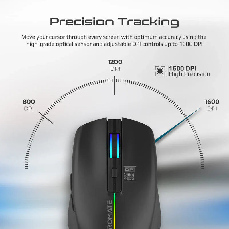 Promate 2.4GHz Wireless Ergonomic Optical Mouse with LED Rainbow Lights