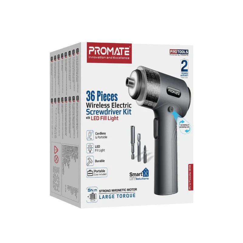 Promate 36-Pieces Wireless Electric Screwdriver Kit with LED Fill Light