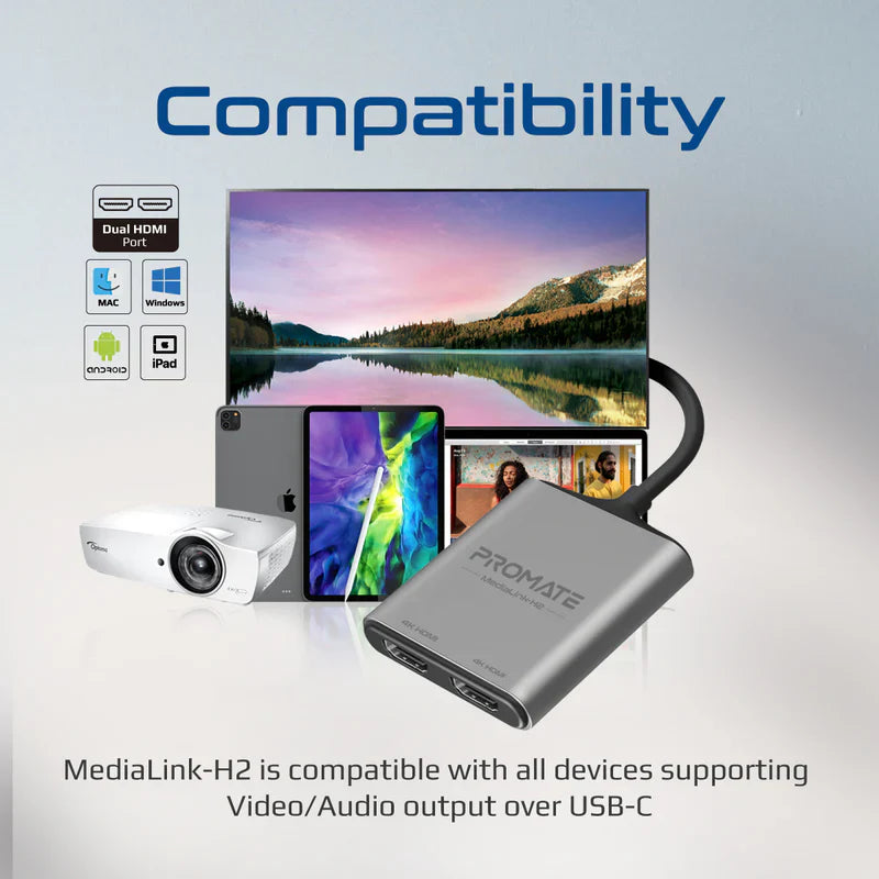 Promate 4K High Definition USB-C to Dual HDMI Adapter