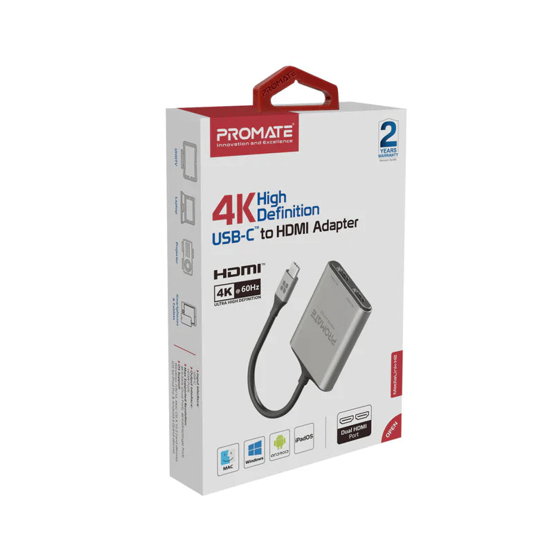 Promate 4K High Definition USB-C to Dual HDMI Adapter