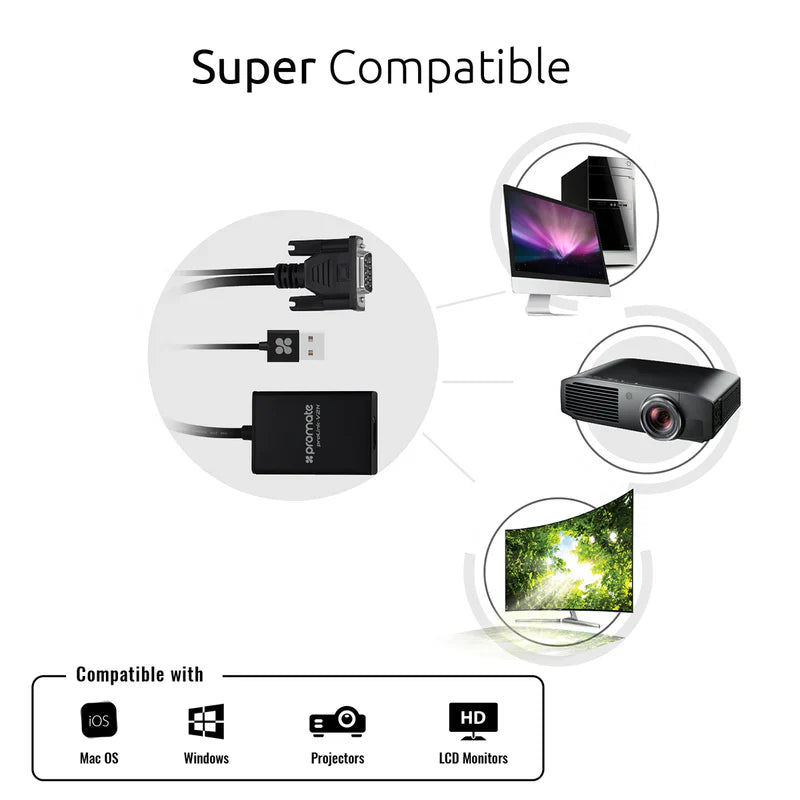 Promate Adaptor Kit with Audio Support VGA-to-HDMI