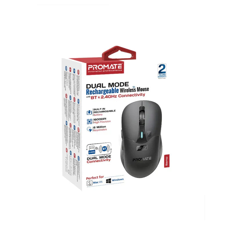 Promate Dual Mode Rechargeable Wireless Mouse with BT & RF Connectivity