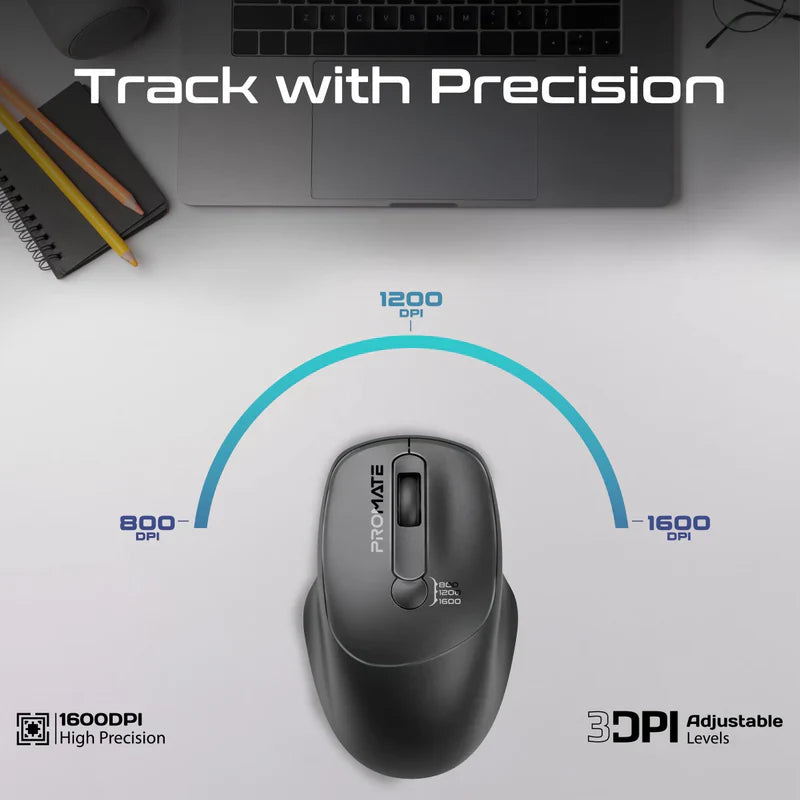 Promate EZGrip Ergonomic Wireless Mouse Black