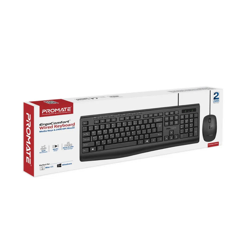 Promate ErgoComfort Wired Keyboard with Media Keys and 2400 DPI Mouse