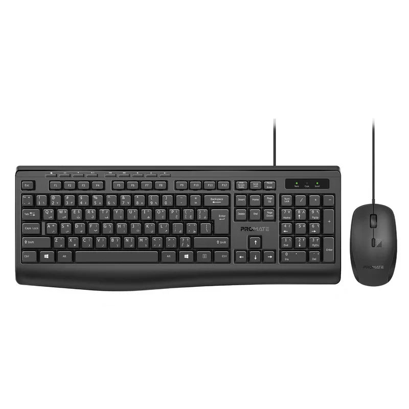 Promate ErgoComfort Wired Keyboard with Media Keys and 2400 DPI Mouse