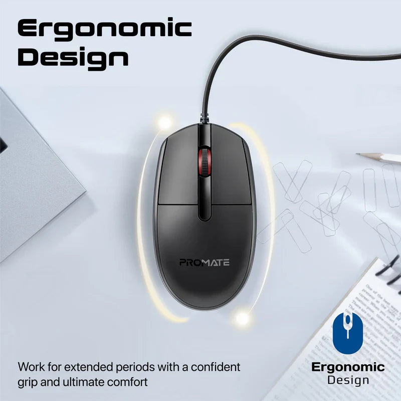 Promate Ergonomic Design Wired Optical Mouse