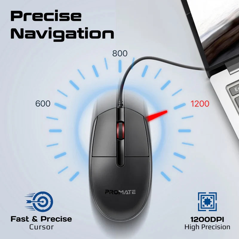 Promate Ergonomic Design Wired Optical Mouse