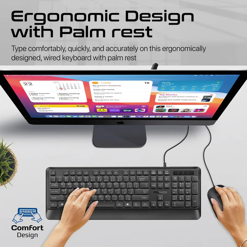 Promate Ergonomic Wired Slim Keyboard with Palm Rest and 2400 DPI Mouse