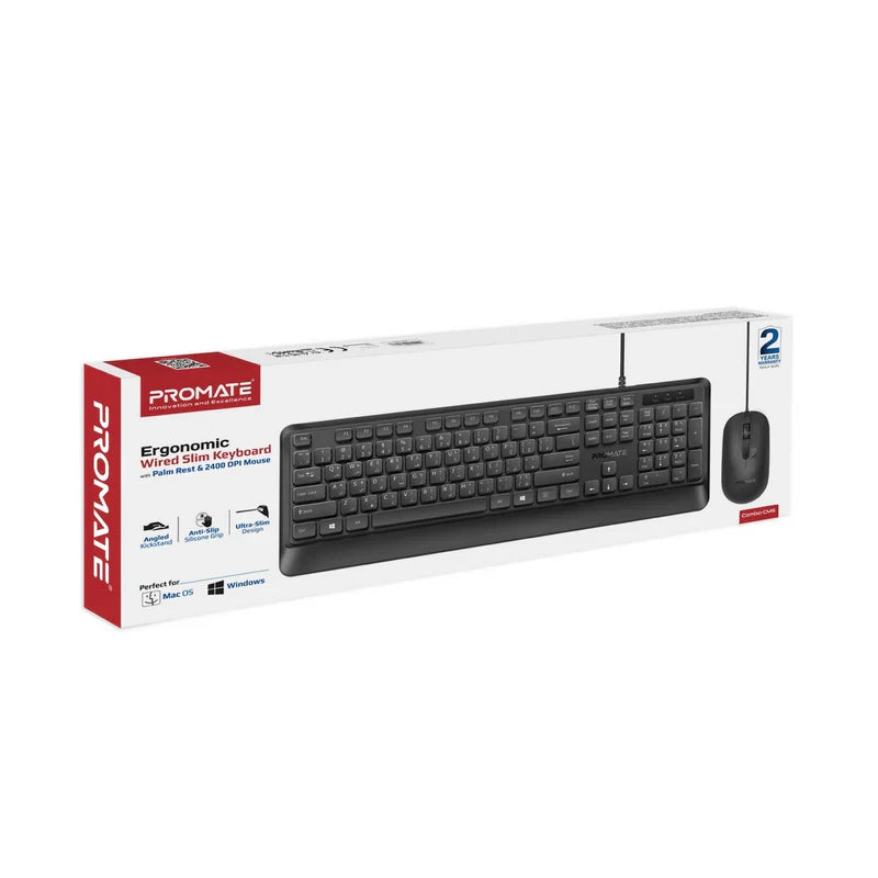 Promate Ergonomic Wired Slim Keyboard with Palm Rest and 2400 DPI Mouse