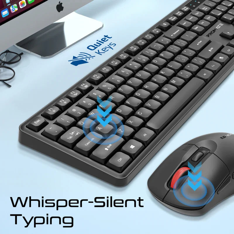 Promate Ergonomic Wireless Keyboard with Silent Keys and 5000DPI Mouse