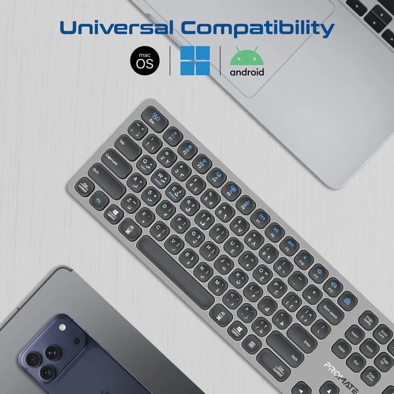 Promate Full-Size Triple-Mode Slim Wireless Keyboard w/ Scissor Keys, & Multi-Device Connectivity