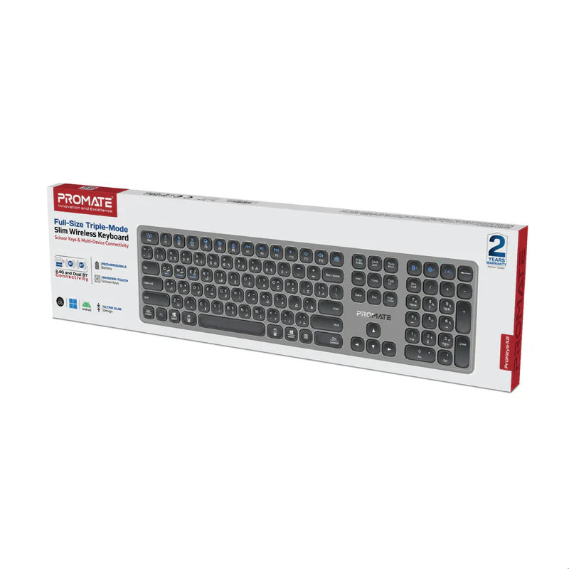Promate Full-Size Triple-Mode Slim Wireless Keyboard w/ Scissor Keys, & Multi-Device Connectivity