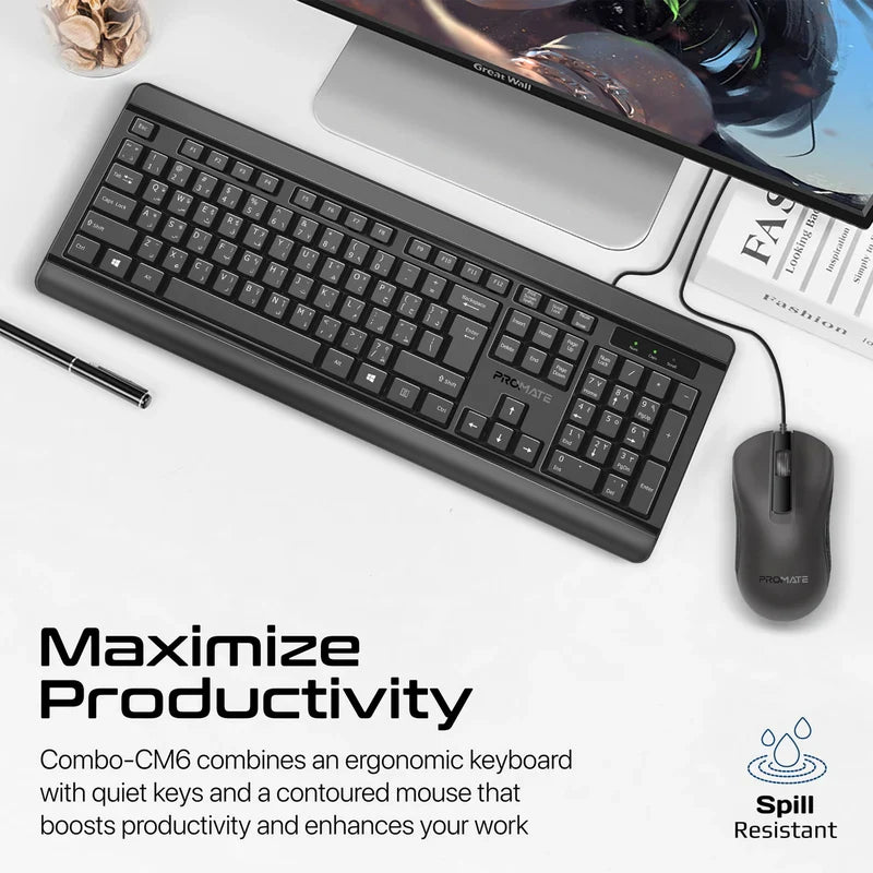 Promate Quiet Keys Wired Keyboard and 1200 DPI Mouse