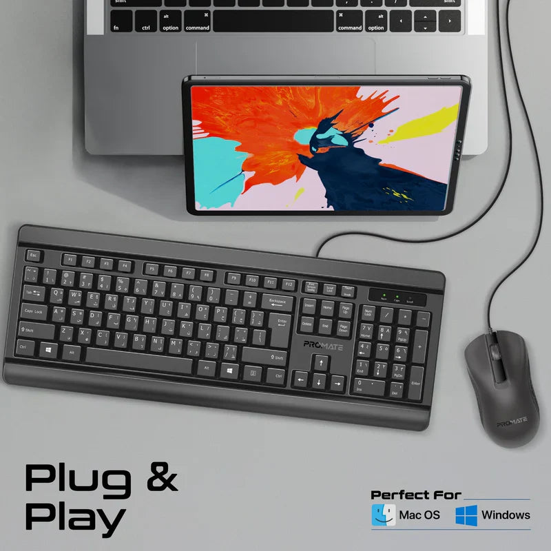 Promate Quiet Keys Wired Keyboard and 1200 DPI Mouse