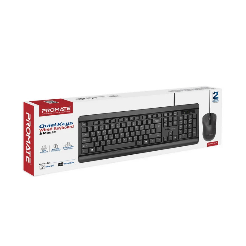 Promate Quiet Keys Wired Keyboard and 1200 DPI Mouse