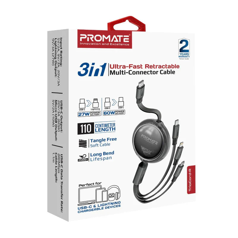Promate TrioCord-R 3-in-1 Ultra-Fast Retractable Multi-Connector Cable - 1.1 Meter / USB-C / Lightning / Micro-USB / Black