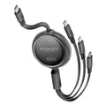 Promate TrioCord-R 3-in-1 Ultra-Fast Retractable Multi-Connector Cable - 1.1 Meter / USB-C / Lightning / Micro-USB / Black