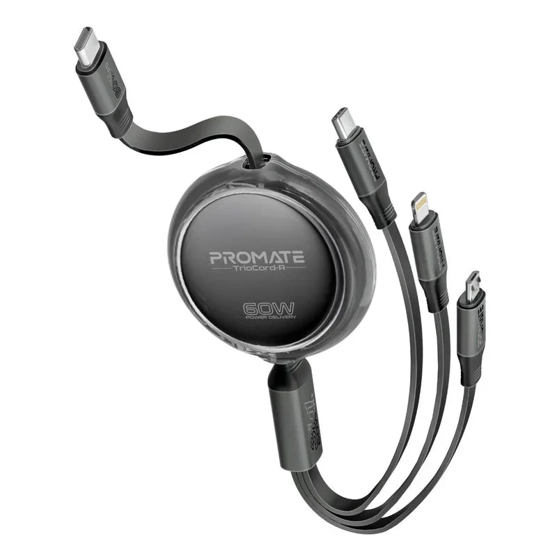 Promate TrioCord-R 3-in-1 Ultra-Fast Retractable Multi-Connector Cable - 1.1 Meter / USB-C / Lightning / Micro-USB / Black