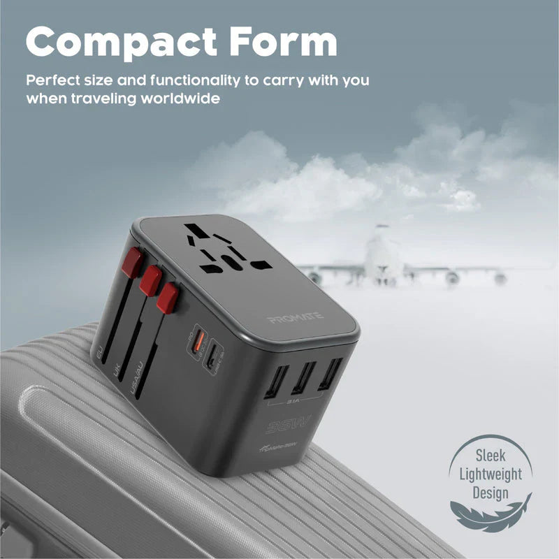 Promate TripMate-GaN65 Power Delivery GaNFast Travel Adapter - 65W / USB-A / USB-C / Black